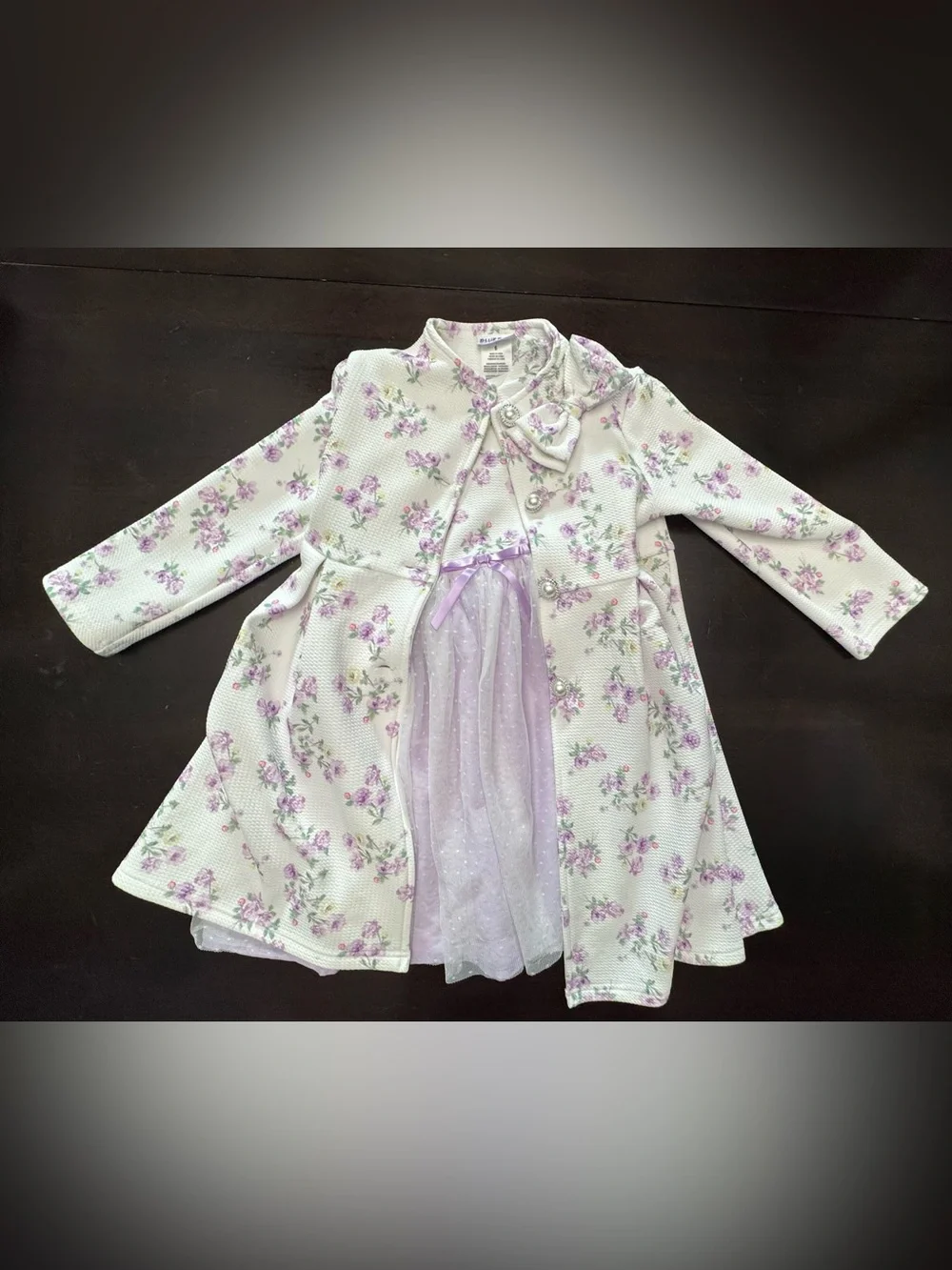 Blueberi Boulevard Girls Floral Dress and Coat Set in White and Lavender Size 6